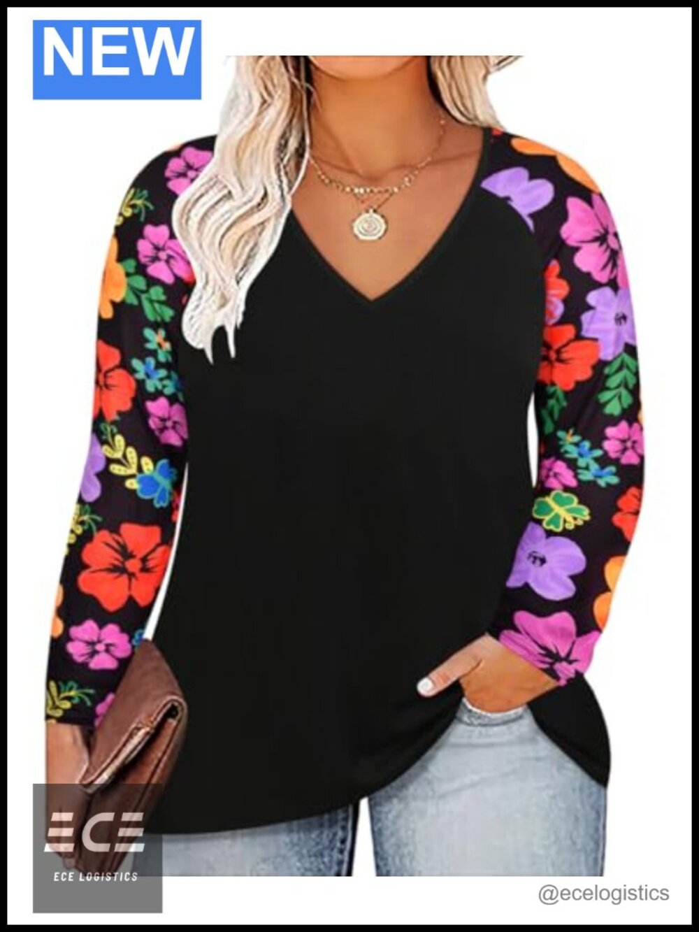 Plus Size Raglan Long Sleeve V Neck T Shirt Color Block Casual Winter Tee